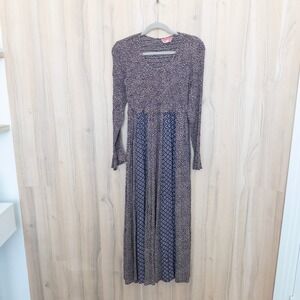 Vintage Rene Derhy Floral Maxi Dress S Brown Smocked Mixed Print